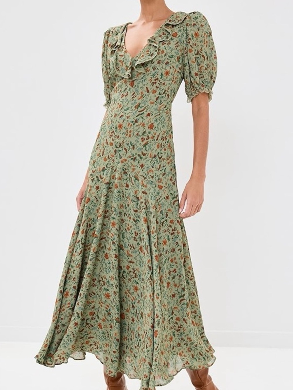 Reformation Olive Green Floral Ruffle Maxi Dress